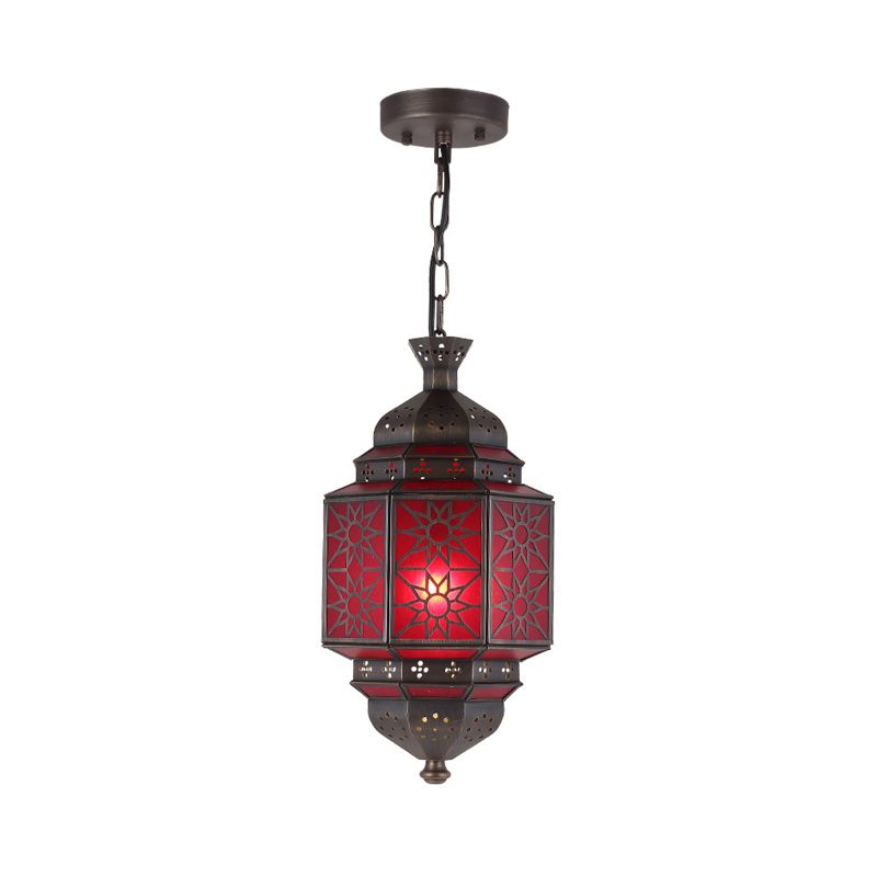 Metal Lantern Suspension Lighting Arab 1 Head Restaurant Drop Lamp with Red Glass Shade