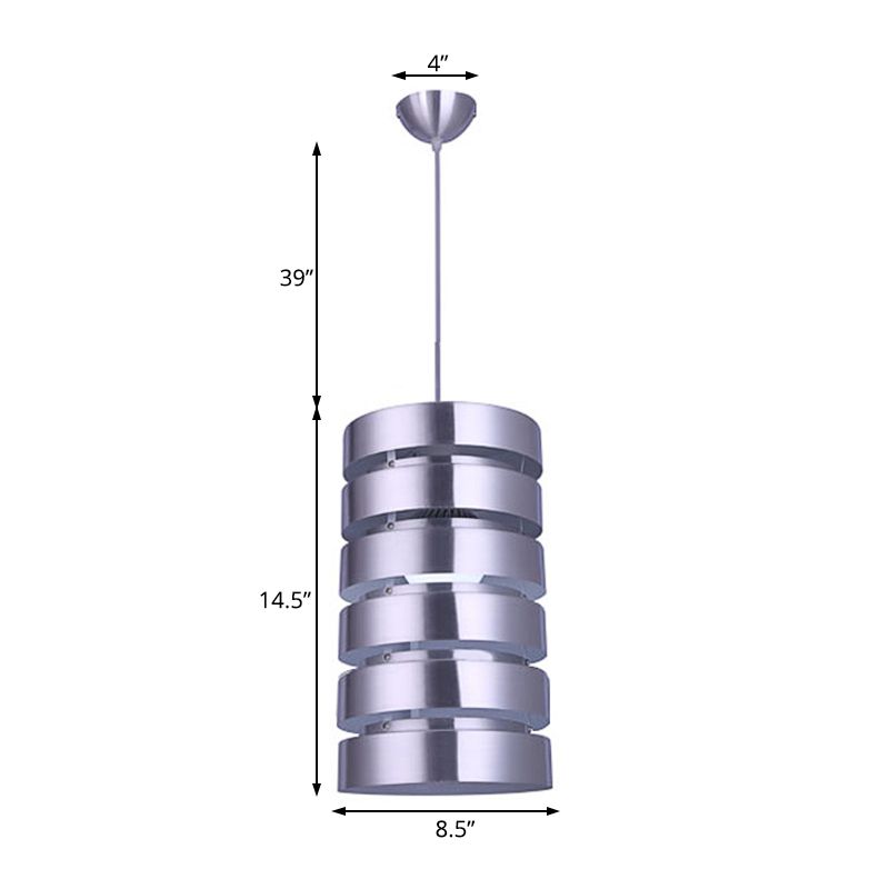 Kit d'éclairage suspendu en métal cylindrique moderne 1 tête en argent vers le bas pour salle à manger