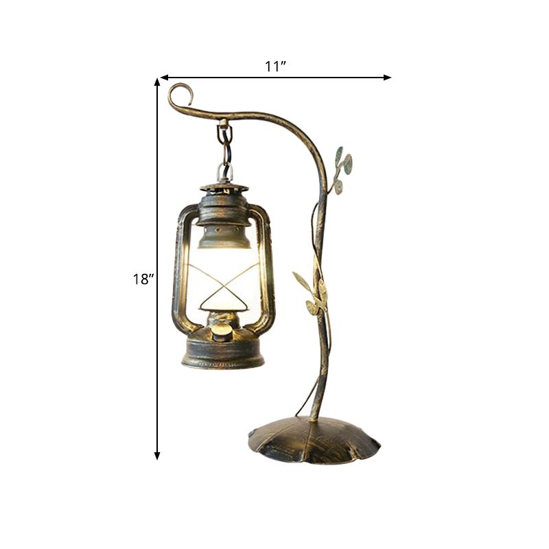 Kerosene Frosted Glass Table Lighting Warehouse 1 Light Bedroom Desk Lamp in Brass with Metal Branch Arm