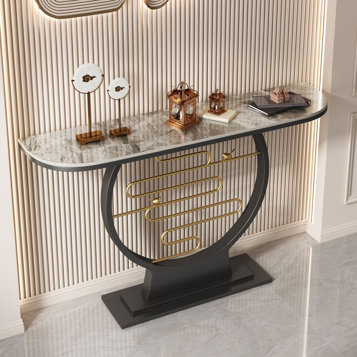 Glam Console Accent Table Antique Finish Sofa Console Table in Stone