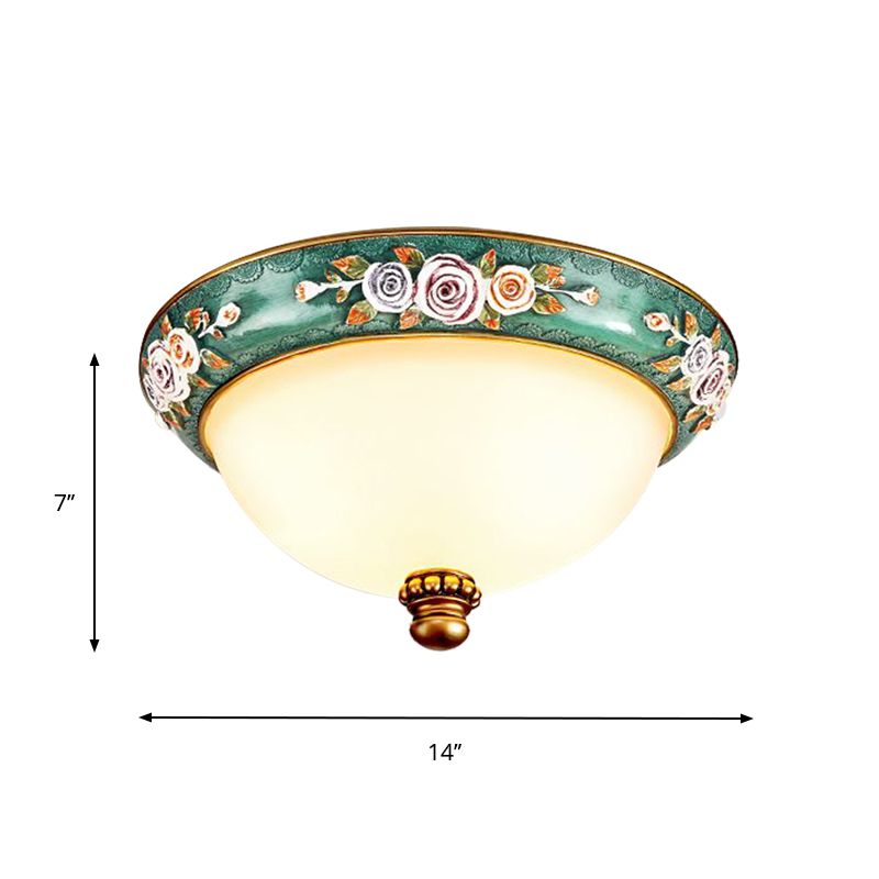 Grün Floral Design Flush Mount Leuchte Retro Harz 3 Lichter Schlafzimmer Deckenbeleuchtung mit Kuppel Schatten