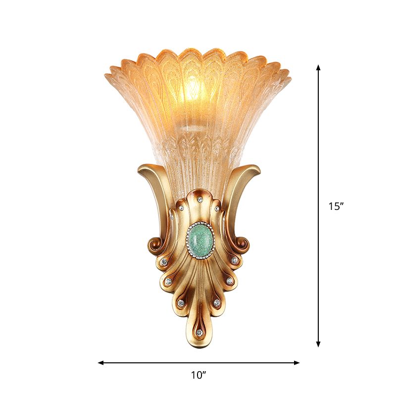 Scalloped Corridor Wall Sconce Loft Style Amber Ribbed Glass 1-Bulb Gold Wall Lighting with Peacock Feather Design