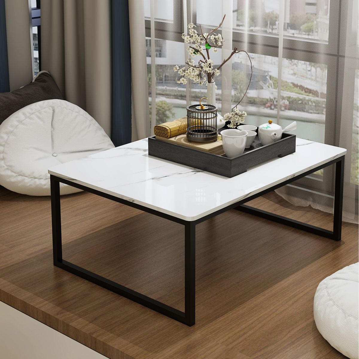 Glam Sled Coffee Table Set Slate Rectangular Coffee Table for Home