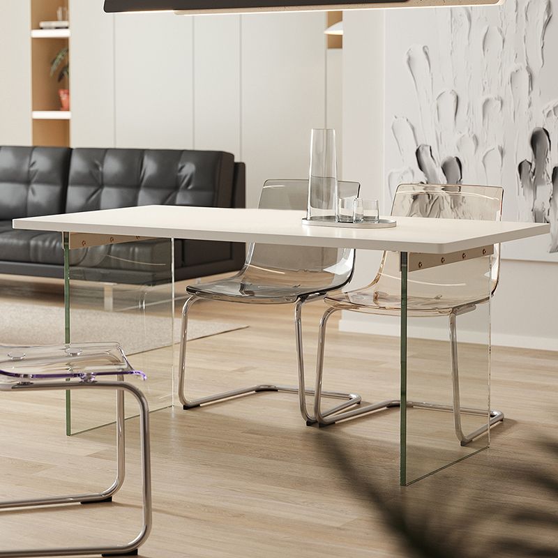 Rectangular Dining Table Modern Wood Tabletop with Acrylic Double Pedestal Base
