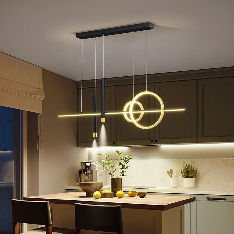 Modern Luxury LED Linear Island Pendant Light Wrought Iron Indoor Hanging Lamp with Silicone Shade