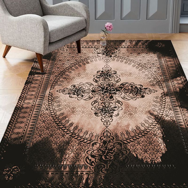 Moroccan Azulejo Pattern Rug Black Multicolor Polyester Rug Washable Pet Friendly Non-Slip Area Rug for Living Room