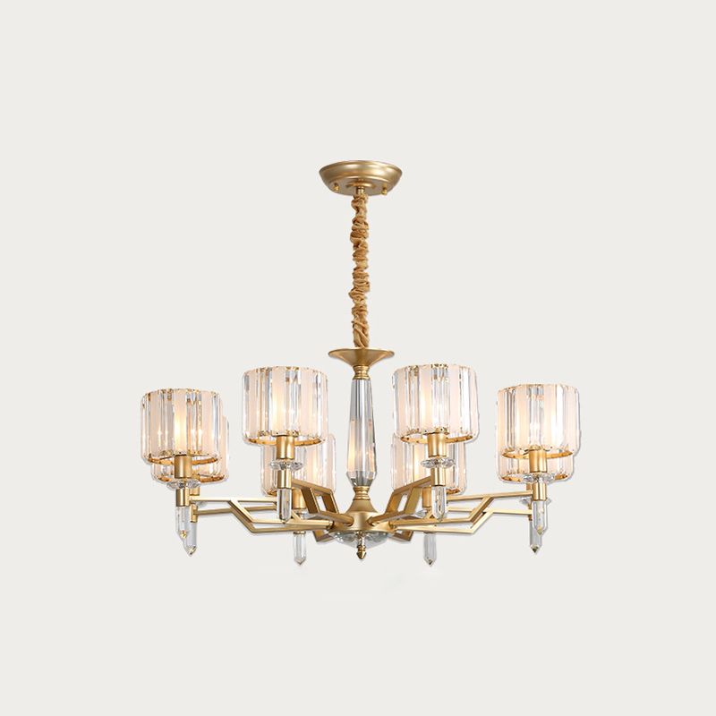 Prismatic Crystal Cylinder Up Chandelier Postmodern 8 Heads Living Room Suspended Lighting Fixture in Gold