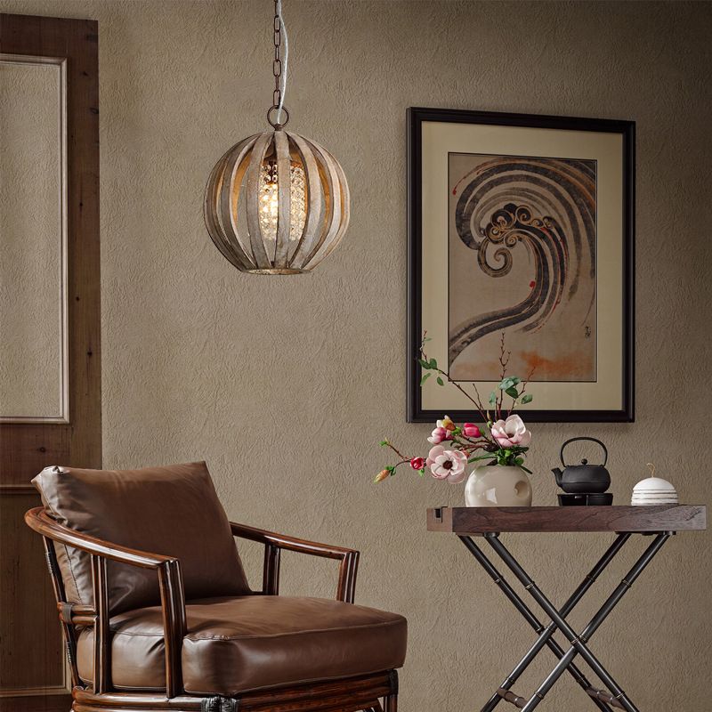 Houten bol hanglamp vintage 1-licht eetkamer hangend licht met kristallen kralen