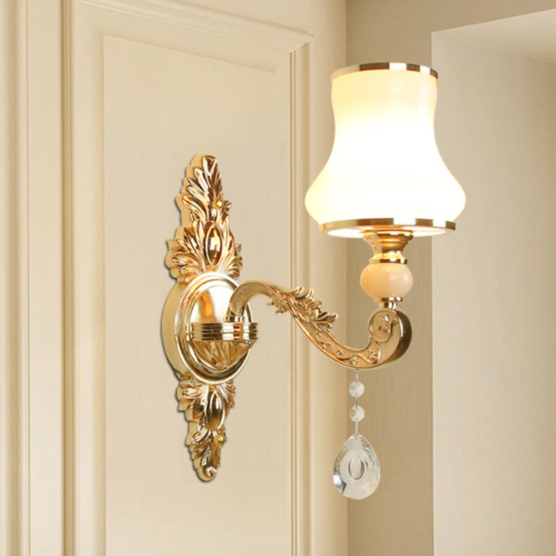 Opal Glass Gold Wall Light Flower Shade Antique Wall Lighting Fixture with Crystal Accent