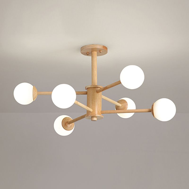 Modern Simplicity Globe Chandelier Wooden Indoor Pendant Light with White Glass Shade