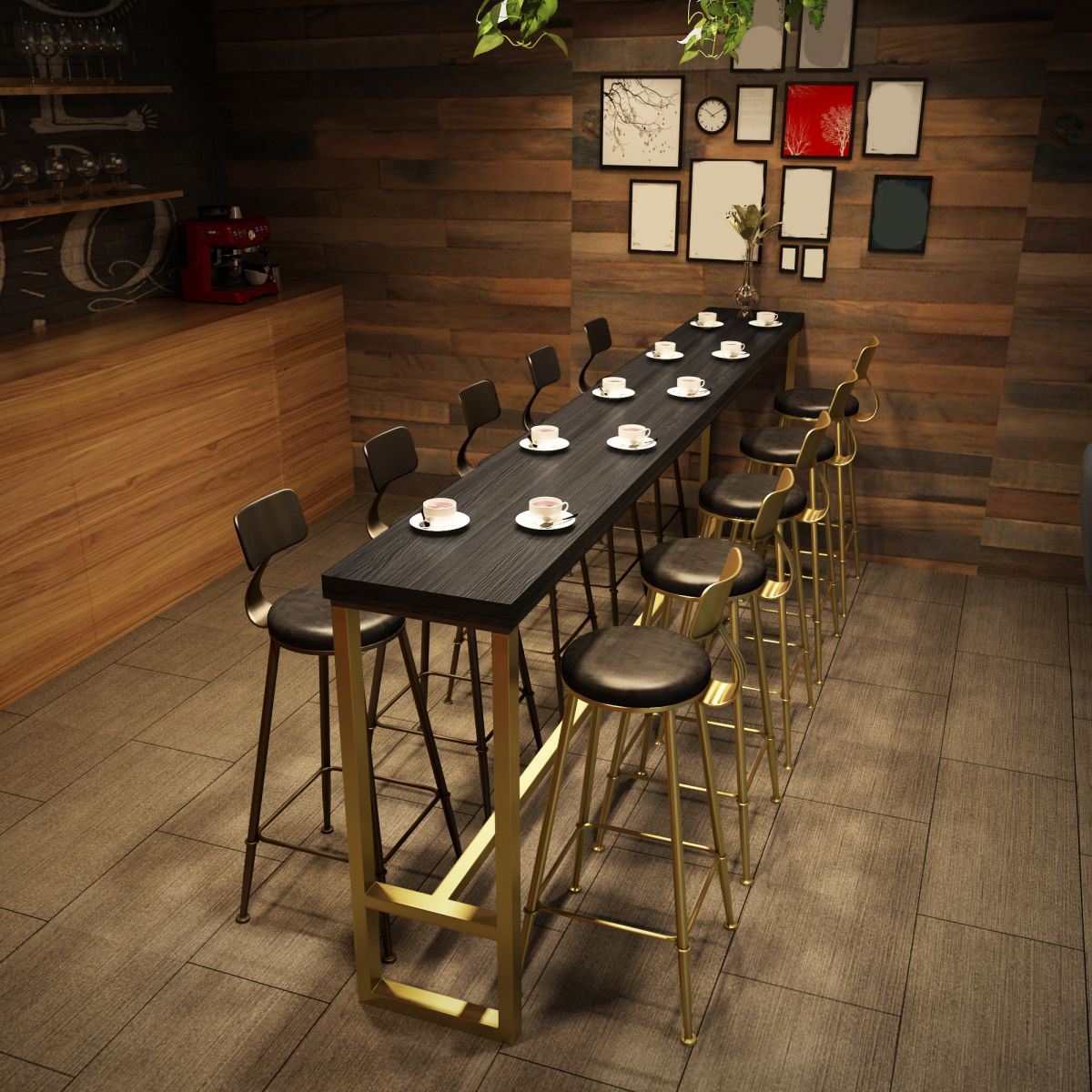 Industrial Bistro Bar Table Rectangle Solid Wood Bar Table with Gold Frame