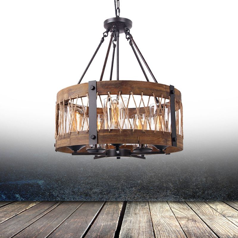 Traditional Drum Shaped Hanging Lamp 5 Bulbs Wooden Chandelier Light Fixture in Brown