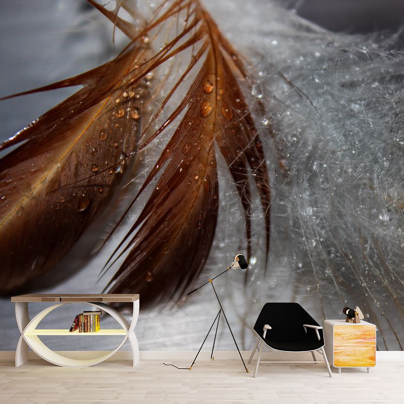 Bird Feather Mural for Sitting Room Wall Art in Light Color, Stain Resistant