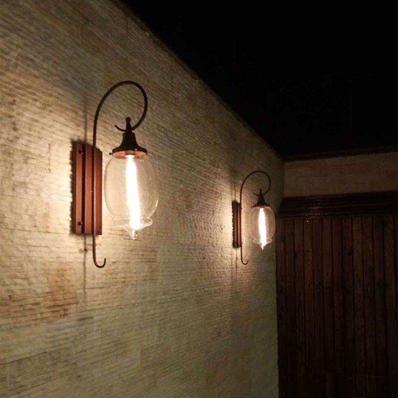 Glass Brown Wall Lamp in Industrial Retro Style Wrought Iron Drum Wall Light for Porch