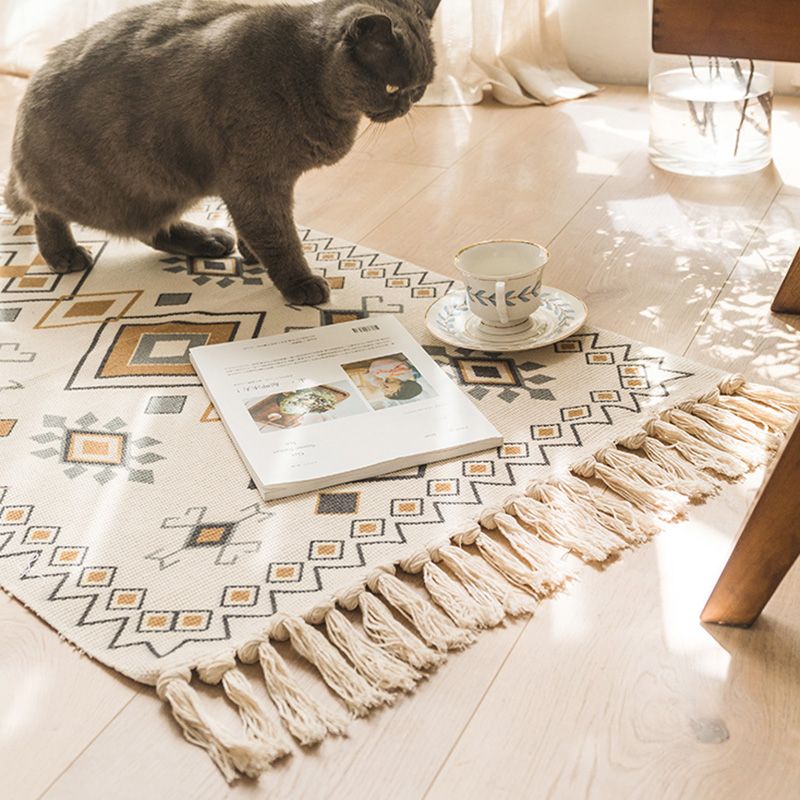 Moroccan Bedroom Rug Multi Colored Tribal Symbols Carpet Cotton Blend Pet Friendly Environmental Area Rug with Tassel