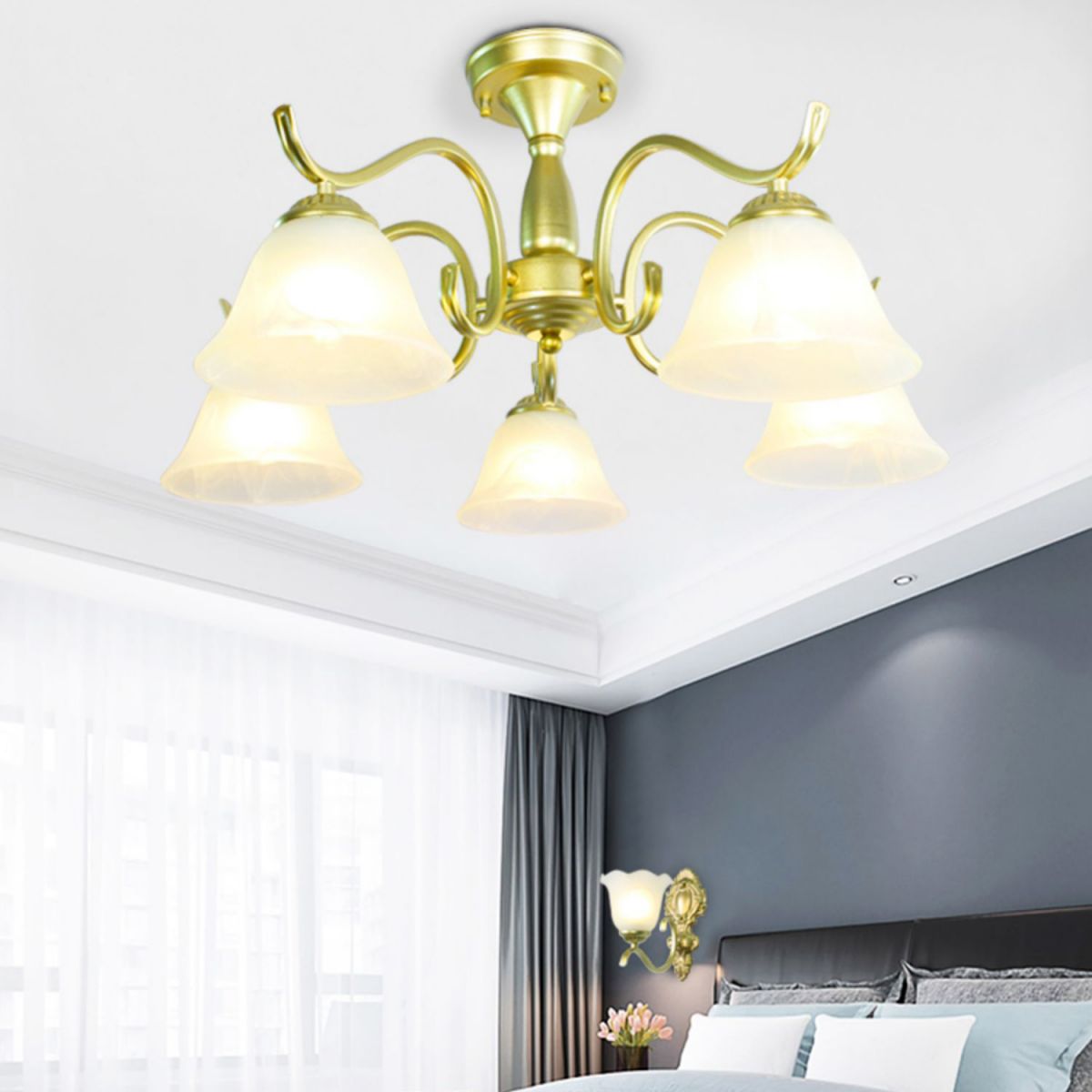 Gold Semi Flush Lamp Traditional Multi-Head Bedroom Ceiling Lighting with Glass Shade