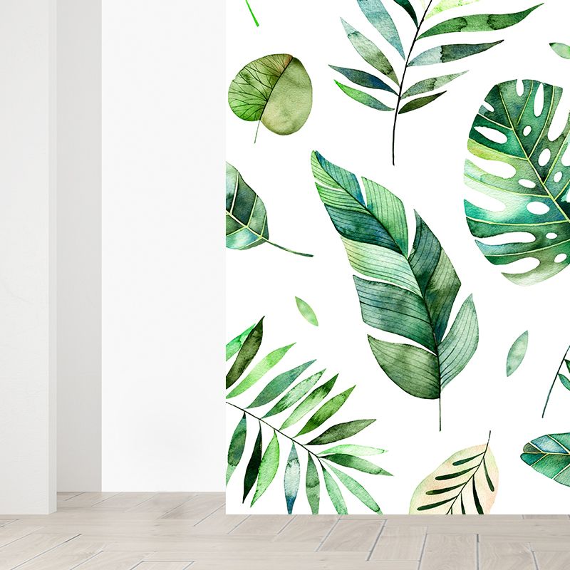 Green Diverse Leaves Wall Mural Moisture Resistant Tropical Living Room Wall Covering