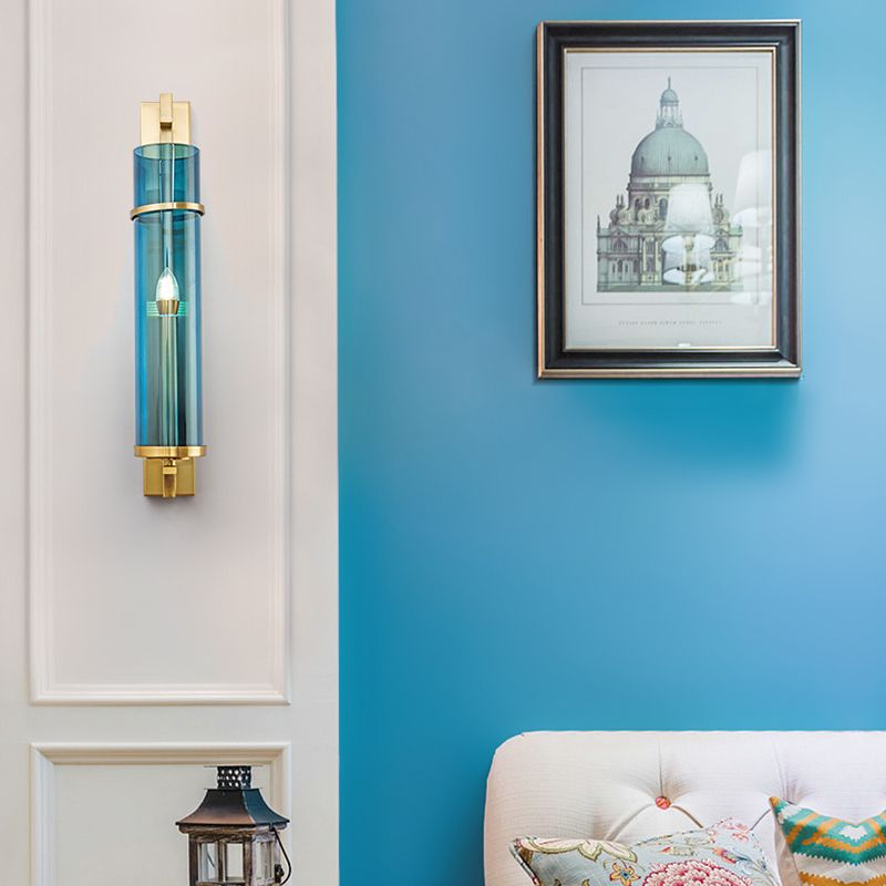 Minimalism Wall Sconce Lighting Blue Cylindrical Sconce Light Fixture with Glass Shade