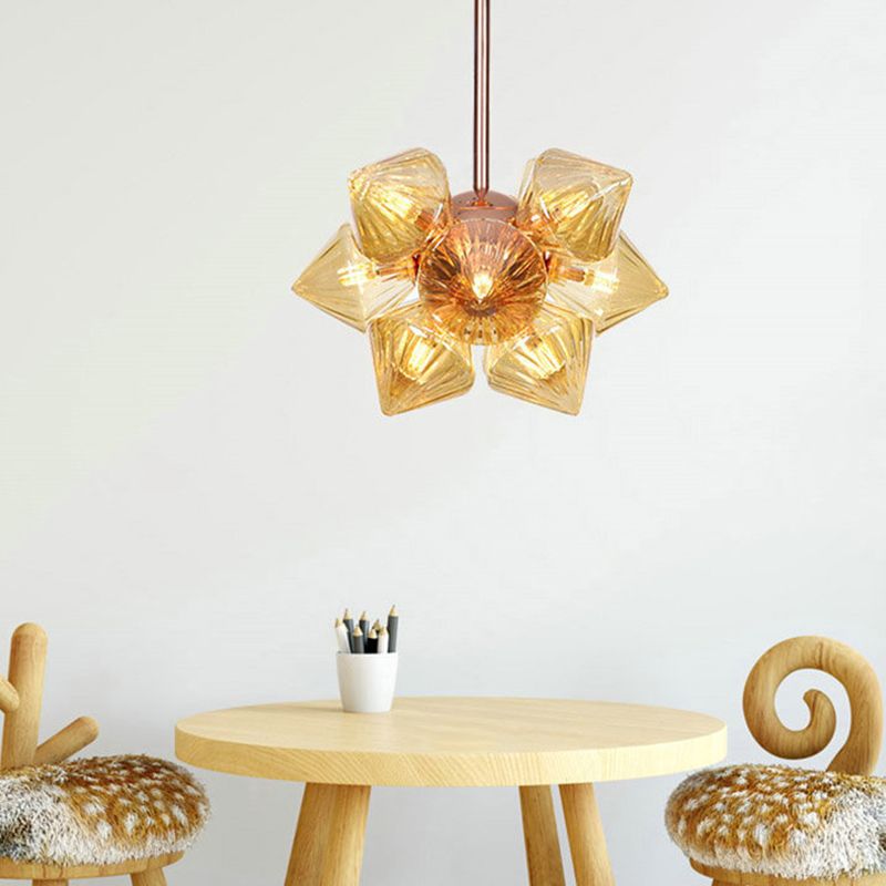 Pyramid Living Room Chandelier Lamp Amber Glass 9/12 Bulbs Modern Pendant Lighting Fixture