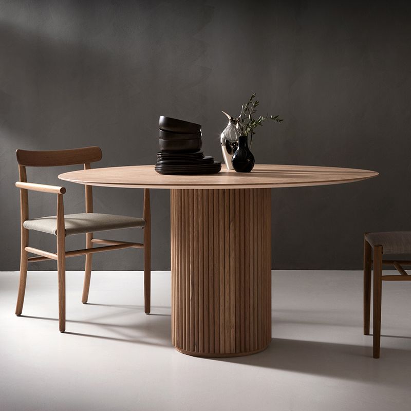 Modern Solid Wood and Stone Round Dining Table with Pedestal