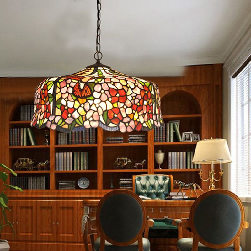 2/3 luci il lampadario floreale a soffitto floreale in stile rosso in stile tiffany kit di luce appesa, 16 "/19.5" di larghezza