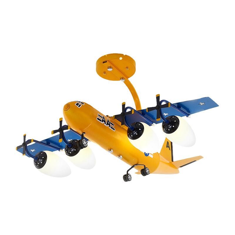 Cartoon Yellow & Blue Hanging Lamp Airplane 4 Lights Metallic Chandelier for Child Bedroom