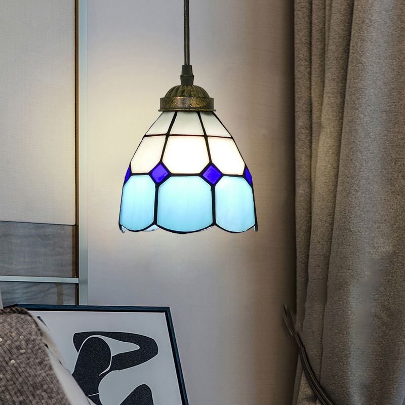 Single-Bulb Ceiling Light Vintage Scalloped Dome Stained Glass Hanging Pendant Light