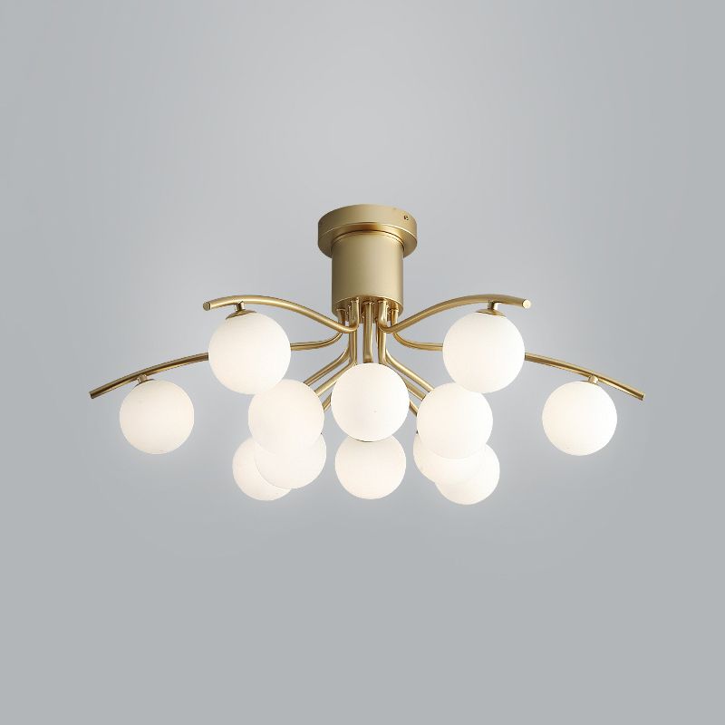 Post-Modern Modo Flush Mount White Glass 12-Head Living Room LED Semi Close to Ceiling Lamp in Brass