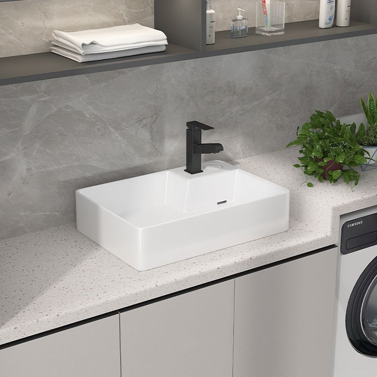Modern Vessel Bathroom Sink Rectangular Porcelain with Overflow and Faucet Basin Sink