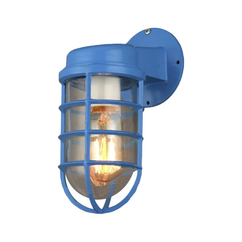 1 Bulb Metal Caged Wall Mounted Light Fixture Coastal Red/Blue Clear Glass Lighting for Outdoor