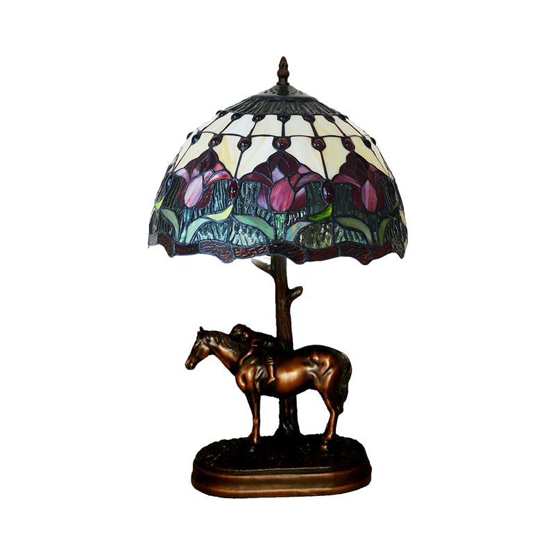 Stained Glass Flowering Bud Night Lamp Tiffany 1-Light Coffee Table Lighting with Kid's Horse Ride Statue