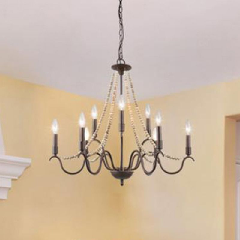 9-Light Suspension Light Retro Style Beaded Wood Chandelier Light with Metallic Candle in Rust