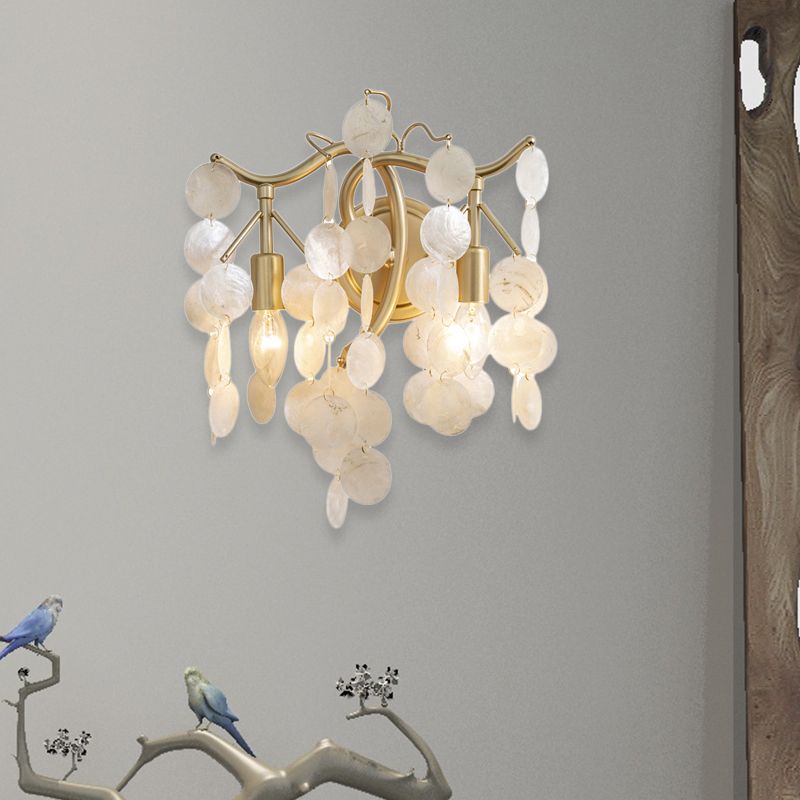 2 Lights Exposed Bulb Wall Sconce Light Contemporary Shell Wall Lighting in Gold for Living Room