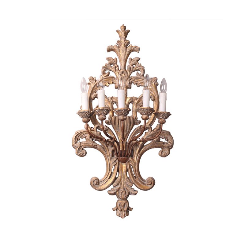 Wood Candelabra Wall Mounted Lamp Rustic Style 5 Lights Bedroom Sconce Light Fixture