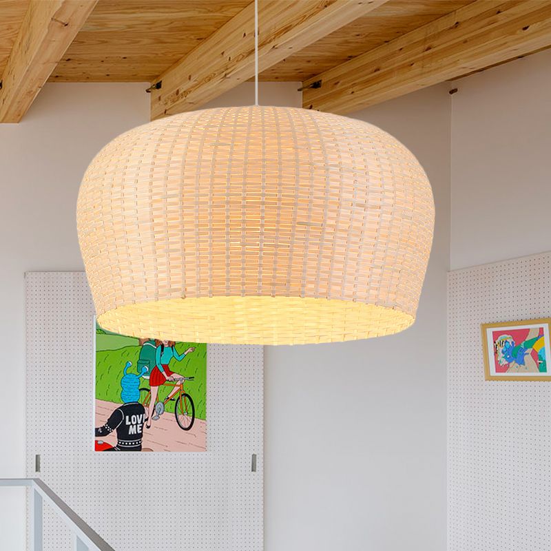 12"/19.5" Wide Dome Woven Bamboo Ceiling Pendant Lamp Asian Single Light Beige Hanging Light for Restaurant Dining Room