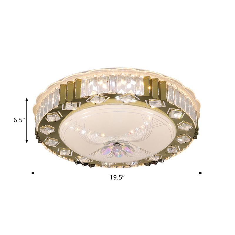 LED Circular Ceiling Fixture Modern Stainless-Steel Finish Clear Cut Crystal Blocks Flush Mount in Warm/Multi Color Light