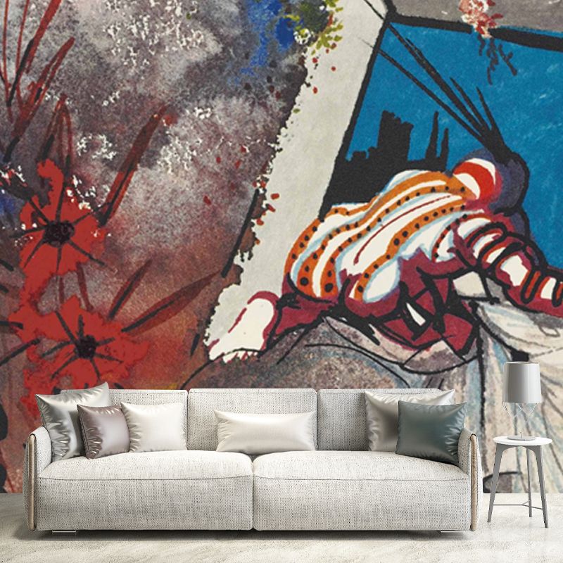 Surreal Abstract Bed Painting Mural Red Moisture Resistant Wall Decor for Hallway