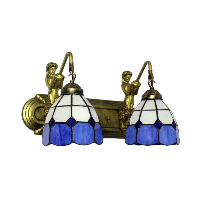 2 Heads Wall Mount Light Mediterranean Grid Patterned Blue Glass Sconce Light with Mermaid Backplate