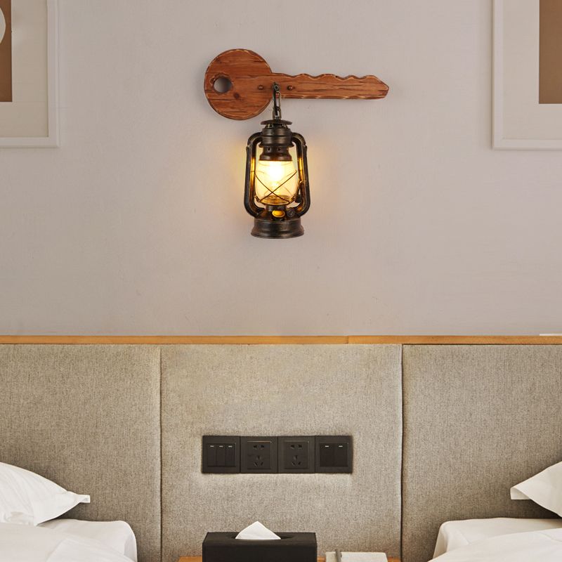 1 Bulb Kerosene Wall Mount Lamp Industrial Brown Clear Glass Wall Light Fixture with Wood Backplate