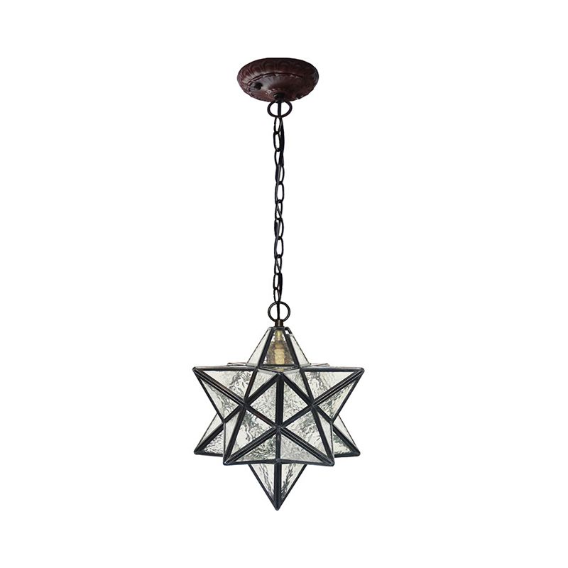 Star Pendant Light Fixture Mission Clear Ripple Glass 1-Light Black Drop Lamp for Dining Room
