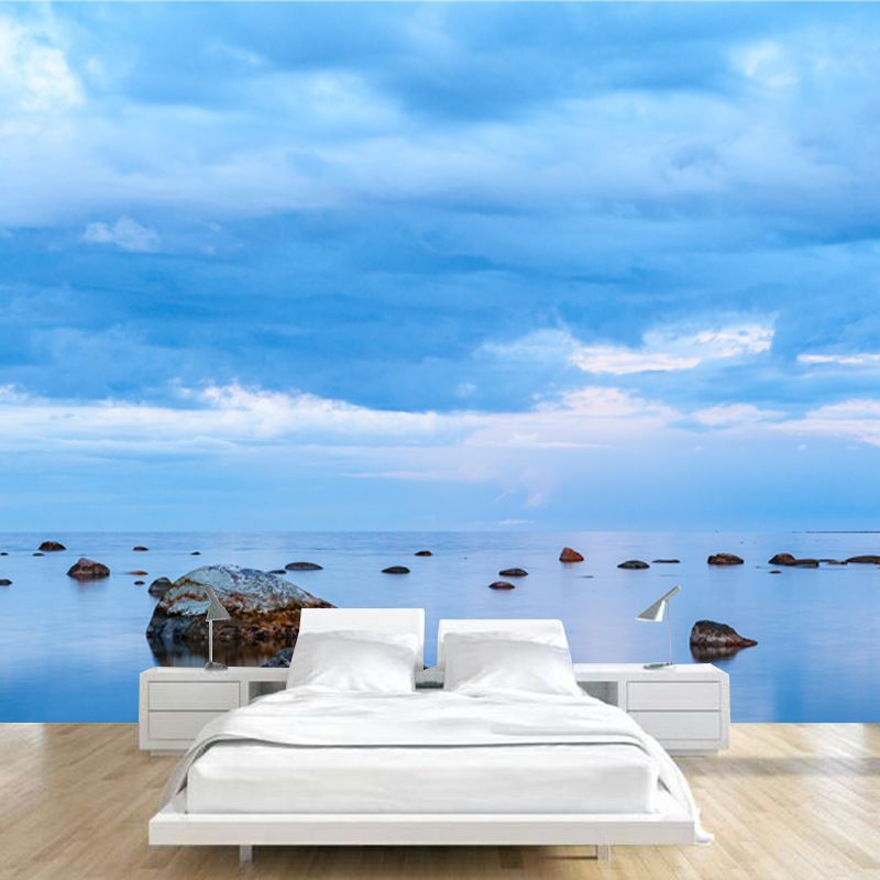 Tidal Flat with Rocks Mural Wallpaper Blue Tropical Wall Covering for Living Room