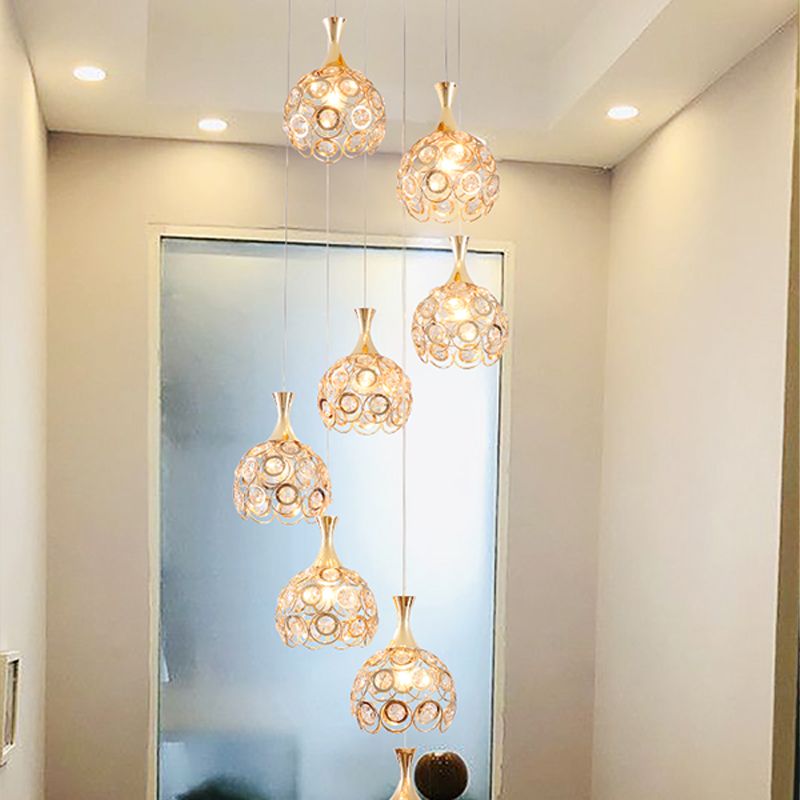 Dome Stair Cluster Pendant Lamp Minimalist Crystal 8 Lights Gold Suspension Light Fixture