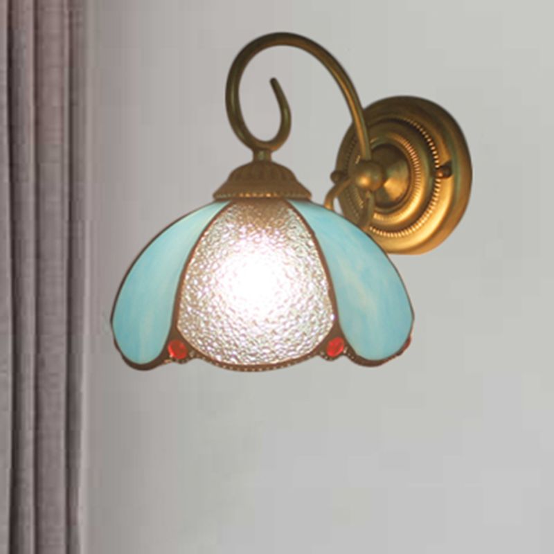 Tiffany Petal Shaped Sconce Light with Curved Arm 1 Light Glass Wall Light in Blue for Study Room
