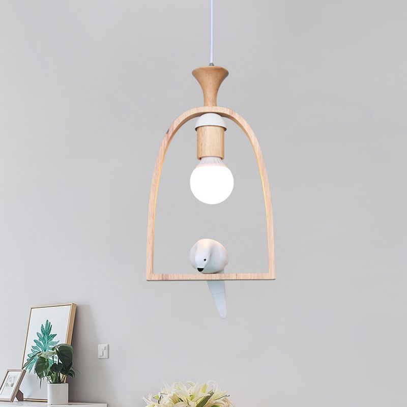 Single Dinette Hanging Pendant Nordic Green/White Ceiling Light with Arch Wood Frame and Bird Decoration