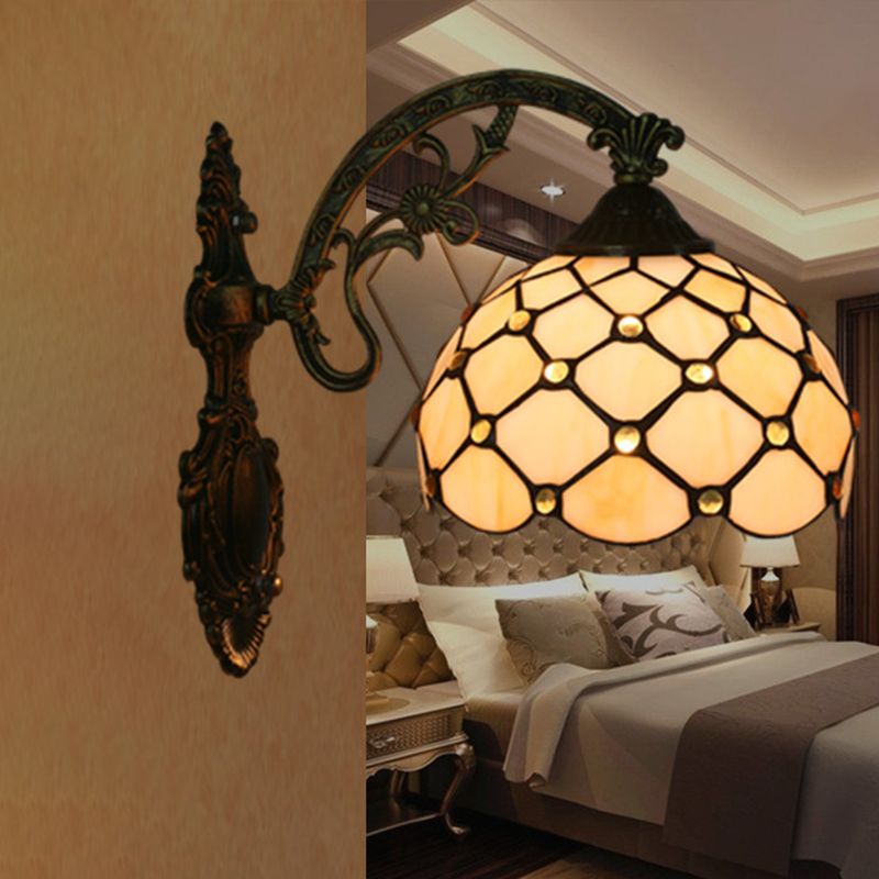 Bead Net Wall Light Fixture Single Bulb Blue/Gold Hand-Crafted Glass Baroque Wall Mount Lamp