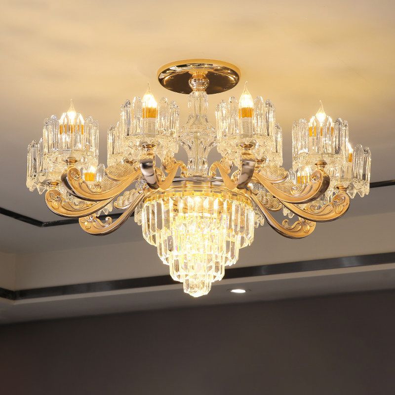 Cylindrical Shaped Living Room Chandelier Light Retro Clear Glass Gold Pendant Light with Layered Crystal Decor
