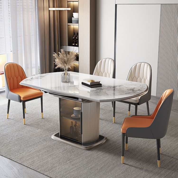 Stone Tabletop Round Extendable Dining Table in White with Storage