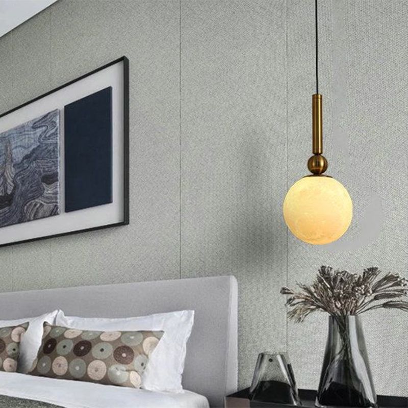 1 Head Bedroom Drop Pendant Simple Gold LED Suspension Lamp with Global Frosted Glass Shade