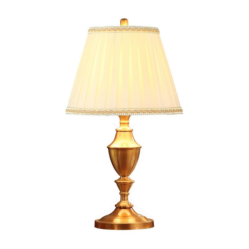 Brass 1 Head Night Table Lamp Rustic Fabric Pleated Lampshade Desk Light with Urn Base