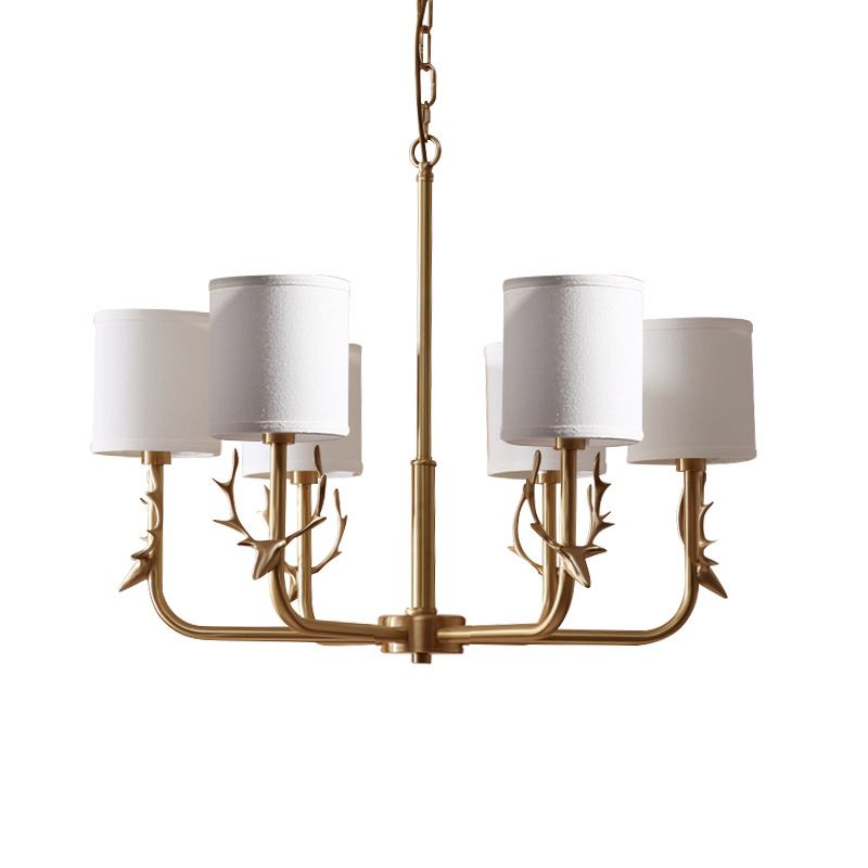 Nordic Cylindrical Chandelier Fabric Living Room Suspension Light with Antler Deco in Gold